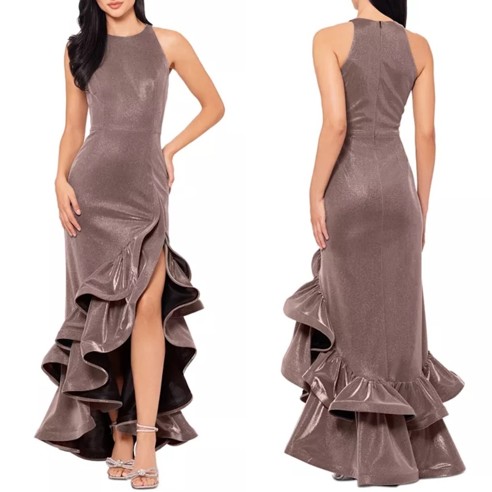 NEW BETSY & ADAM Metallic GALAXY Glitter RUFFLE High-Low COCKTAIL Dress GOWN 6